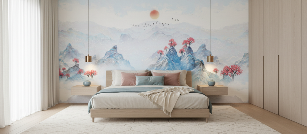 Papier Peint Paysage Asiatique Montagnes Bleues et Cerisiers Roses - Chambre adulte