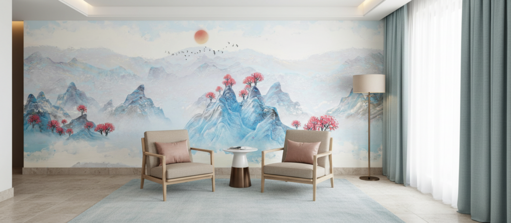 Papier Peint Paysage Asiatique Montagnes Bleues et Cerisiers Roses - Hôtel