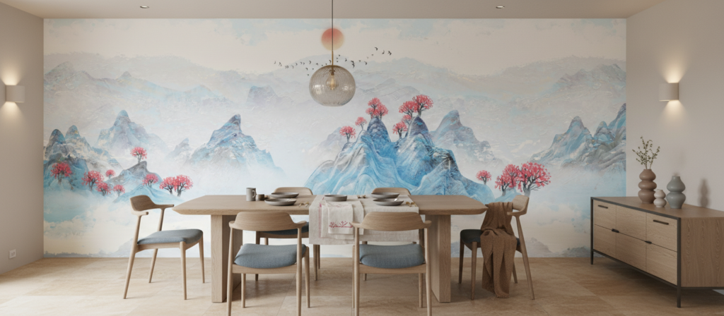 Papier Peint Paysage Asiatique Montagnes Bleues et Cerisiers Roses - Salle à manger