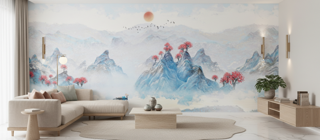 Papier Peint Paysage Asiatique Montagnes Bleues et Cerisiers Roses - Salon / Séjour