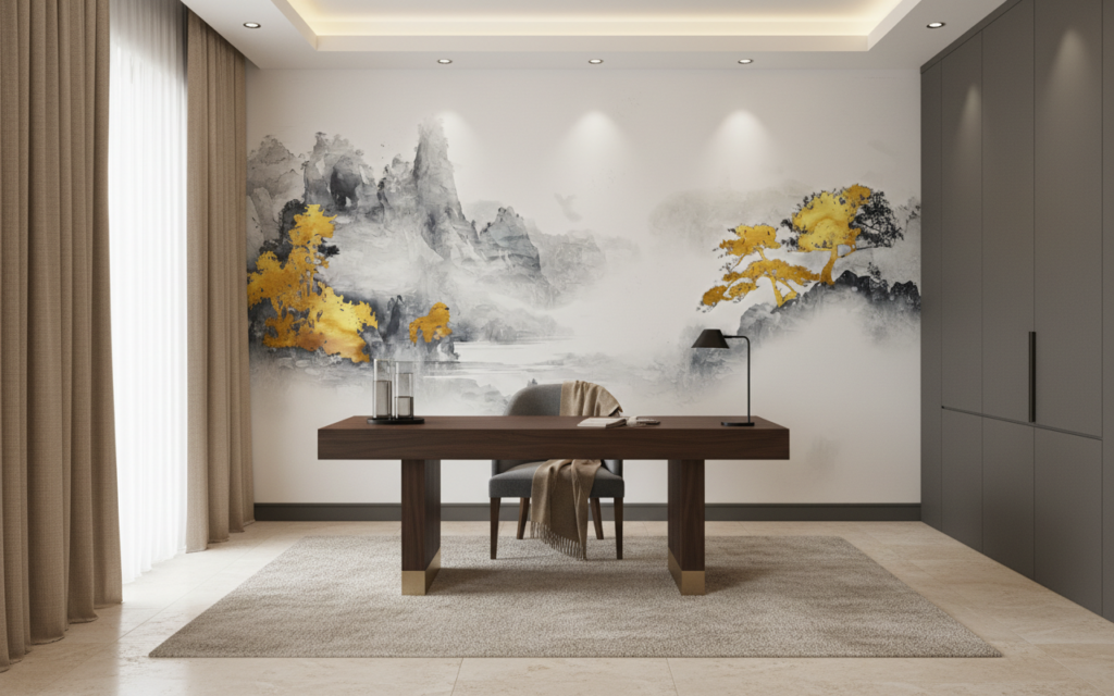 Papier peint paysage asiatique montagnes dorées style aquarelle zen - Bureau