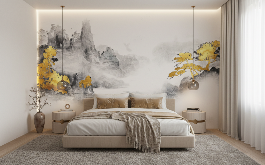 Papier peint paysage asiatique montagnes dorées style aquarelle zen - Chambre adulte