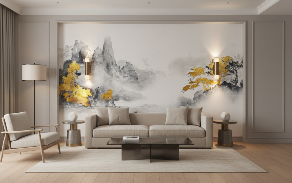 Papier peint paysage asiatique montagnes dorées style aquarelle zen - Hôtel