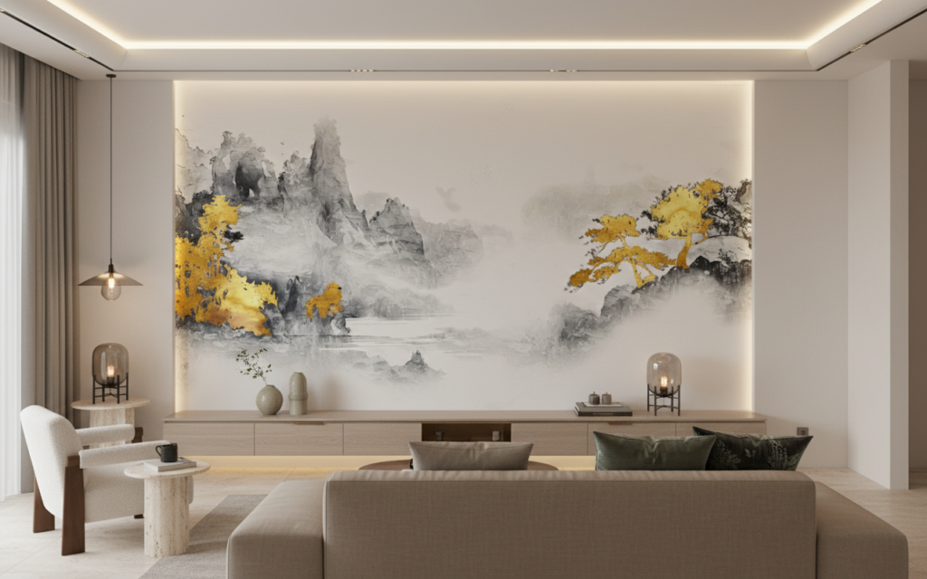 Papier peint paysage asiatique montagnes dorées style aquarelle zen - Salon / Séjour