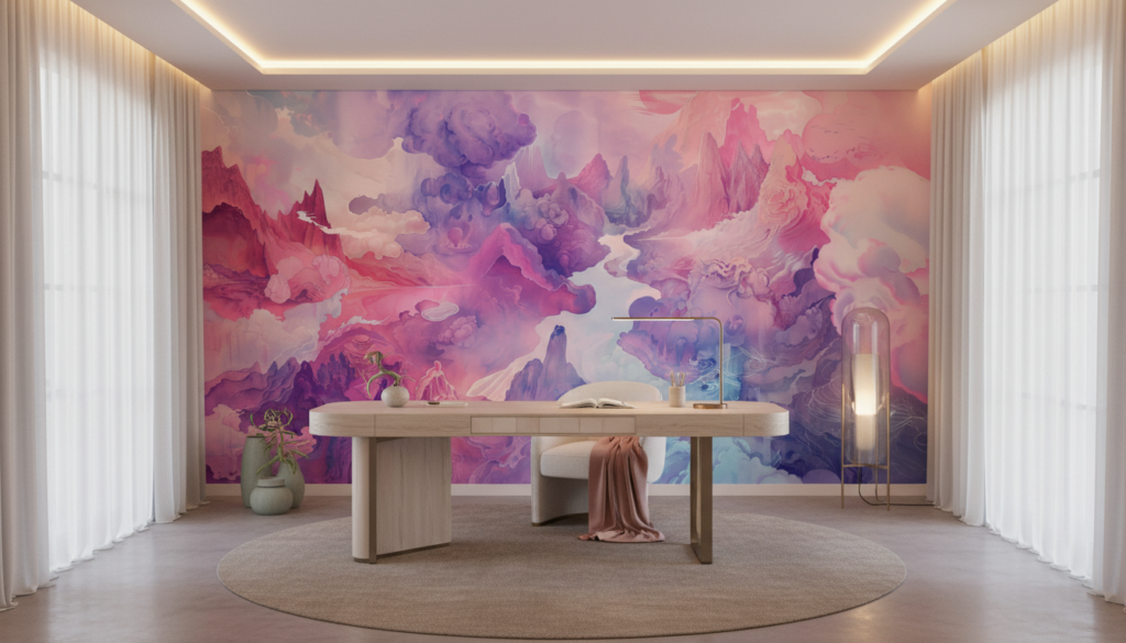 Papier Peint Paysage Fantastique Nuages Violets et Roses Onirique - Bureau