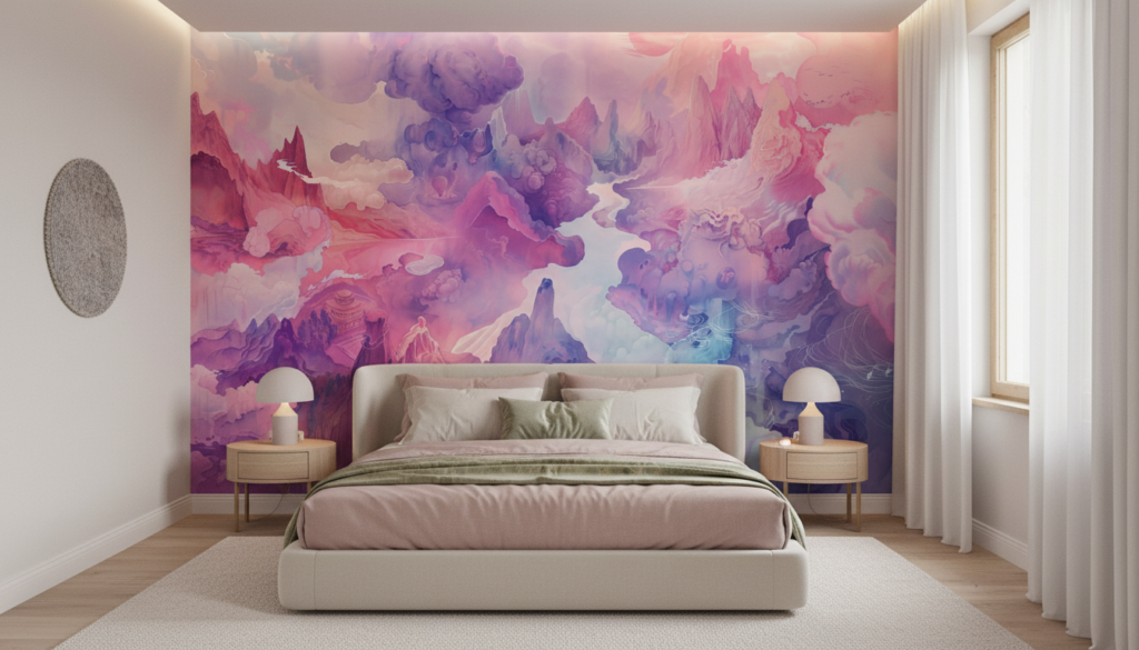Papier Peint Paysage Fantastique Nuages Violets et Roses Onirique - Chambre adulte