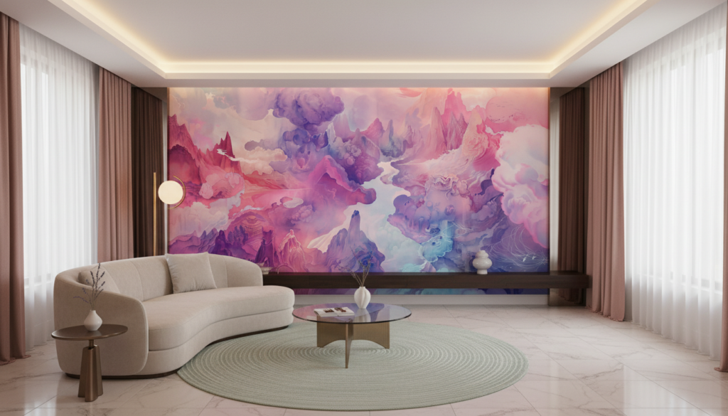 Papier Peint Paysage Fantastique Nuages Violets et Roses Onirique - Hôtel