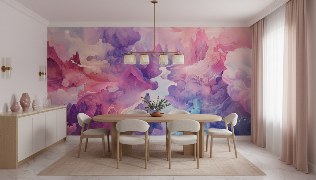 Papier Peint Paysage Fantastique Nuages Violets et Roses Onirique - Salle à manger