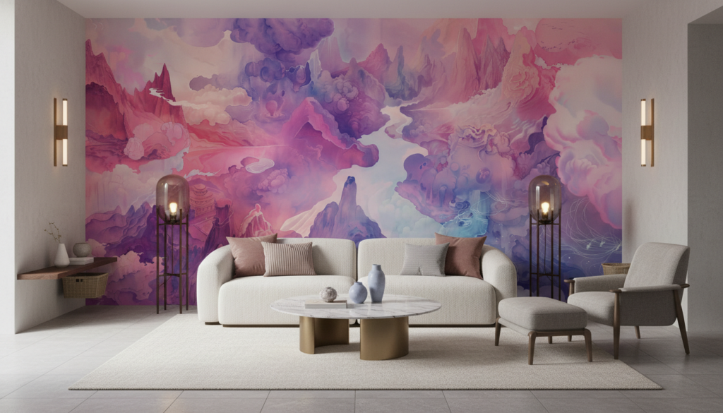 Papier Peint Paysage Fantastique Nuages Violets et Roses Onirique - Salon / Séjour