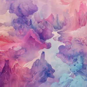 Papier Peint Paysage Fantastique Nuages Violets et Roses Onirique