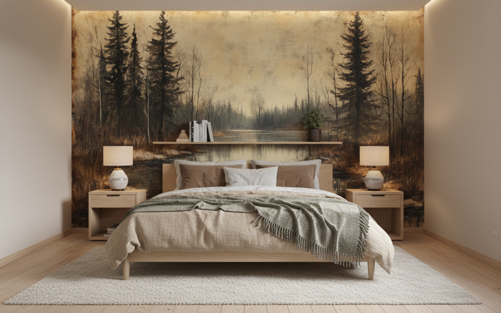 Papier peint paysage forestier lac automnal style vintage romantique - Chambre adulte