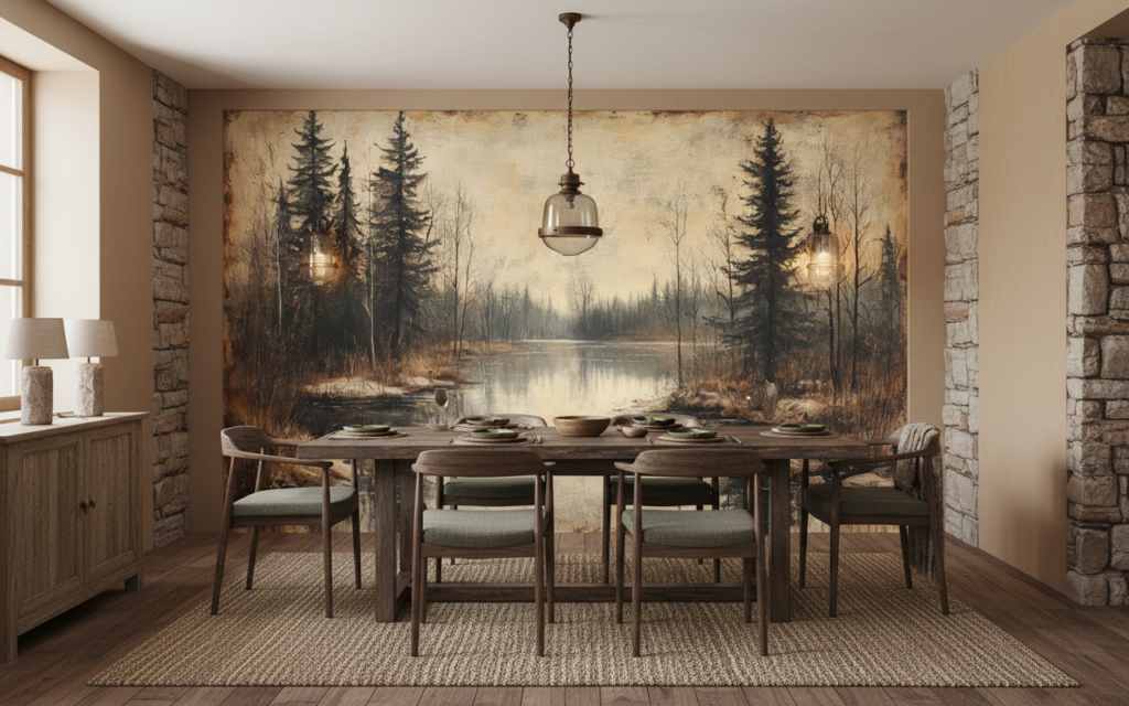 Papier peint paysage forestier lac automnal style vintage romantique - Salle à manger
