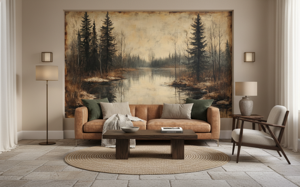 Papier peint paysage forestier lac automnal style vintage romantique - Salon / Séjour