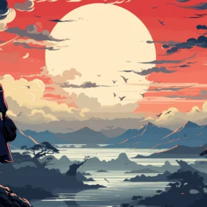 Paysage japonais coucher de soleil avec personnage traditionnel contemplant