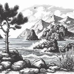 Papier Peint Paysage Maritime Montagneux Style Gravure Vintage Noir et Blanc