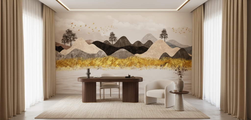 Papier peint paysage montagnard doré avec oiseaux migrateurs stylisé - Bureau