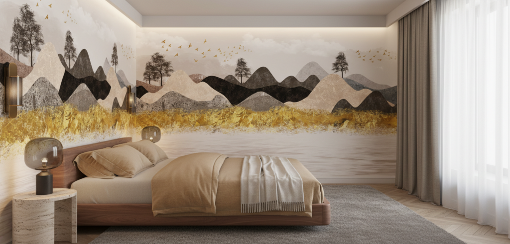 Papier peint paysage montagnard doré avec oiseaux migrateurs stylisé - Chambre adulte