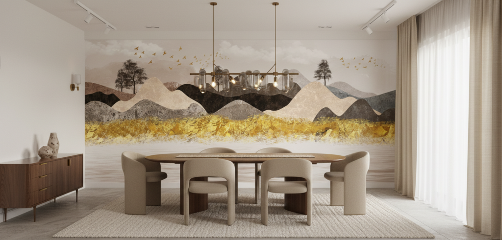 Papier peint paysage montagnard doré avec oiseaux migrateurs stylisé - Salle à manger
