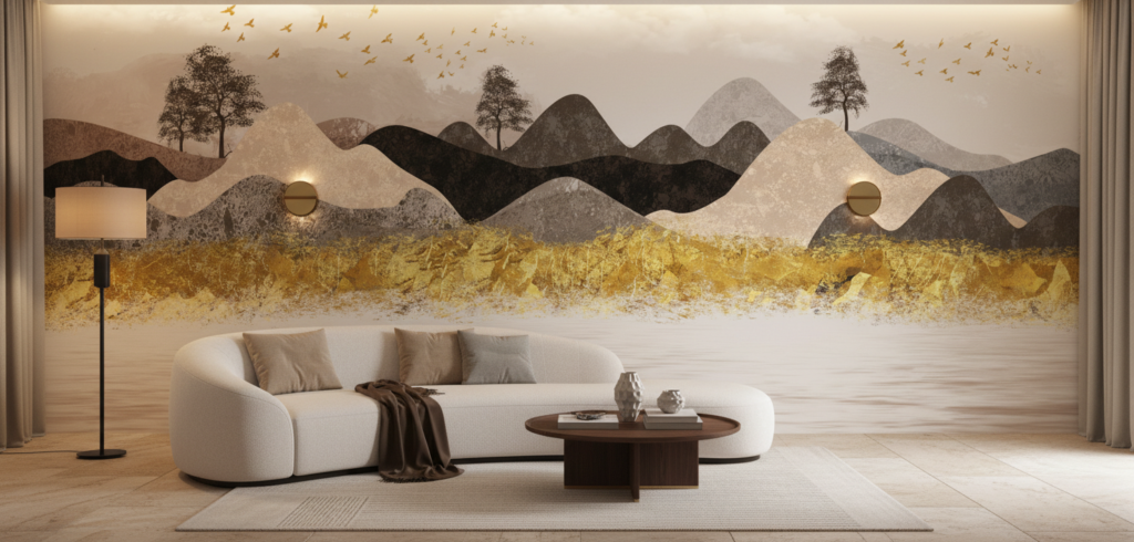 Papier peint paysage montagnard doré avec oiseaux migrateurs stylisé - Salon / Séjour