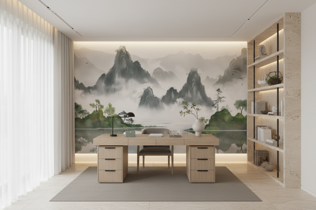 Papier Peint Paysage Montagneux Asiatique avec Lac et Brume - Bureau