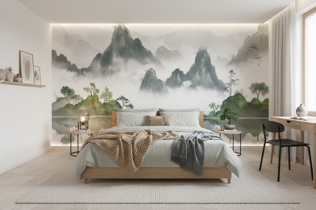 Papier Peint Paysage Montagneux Asiatique avec Lac et Brume - Chambre adulte