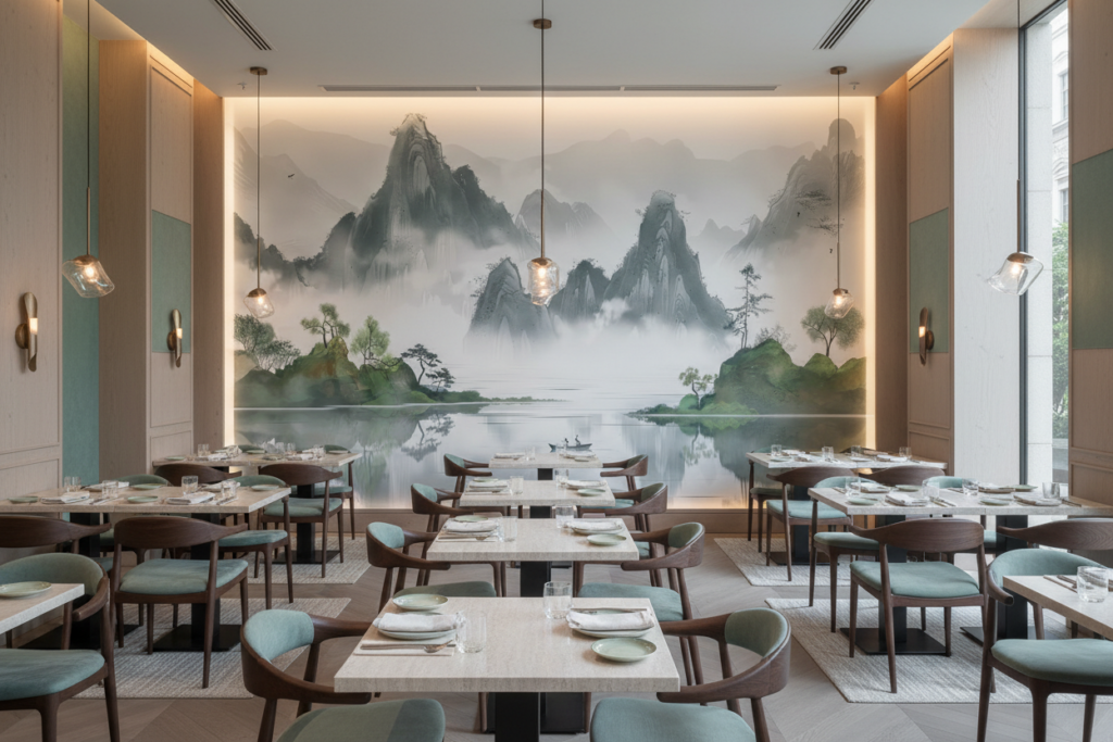 Papier Peint Paysage Montagneux Asiatique avec Lac et Brume - Restaurant