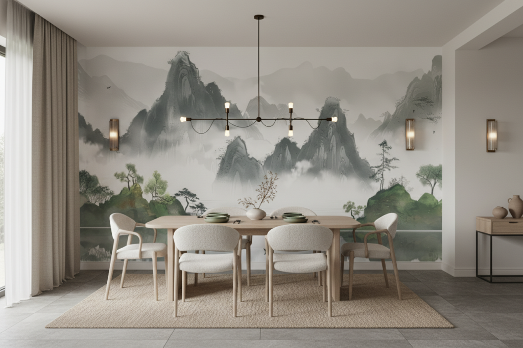 Papier Peint Paysage Montagneux Asiatique avec Lac et Brume - Salle à manger