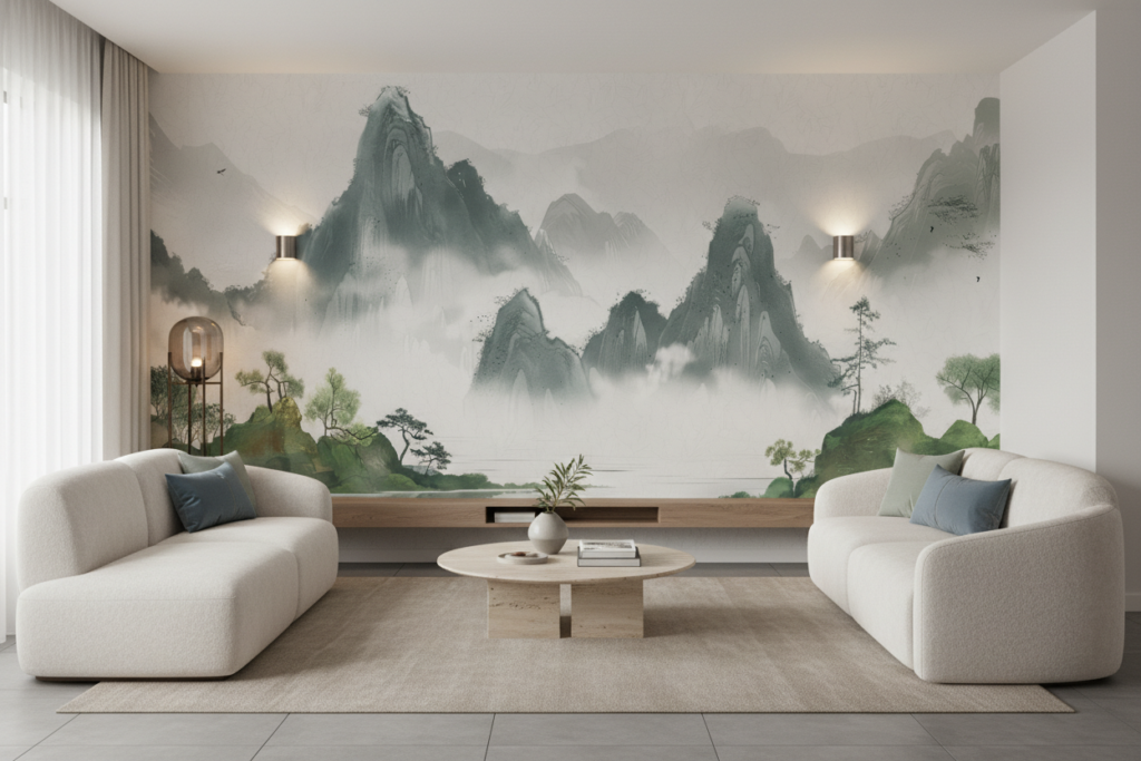 Papier Peint Paysage Montagneux Asiatique avec Lac et Brume - Salon / Séjour
