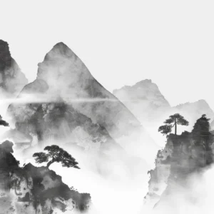 Papier peint paysage montagneux asiatique brumeux noir et blanc zen
