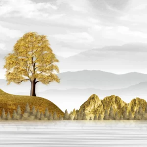 Papier Peint Paysage Montagneux Automnal avec Arbres Dorés et Soleil