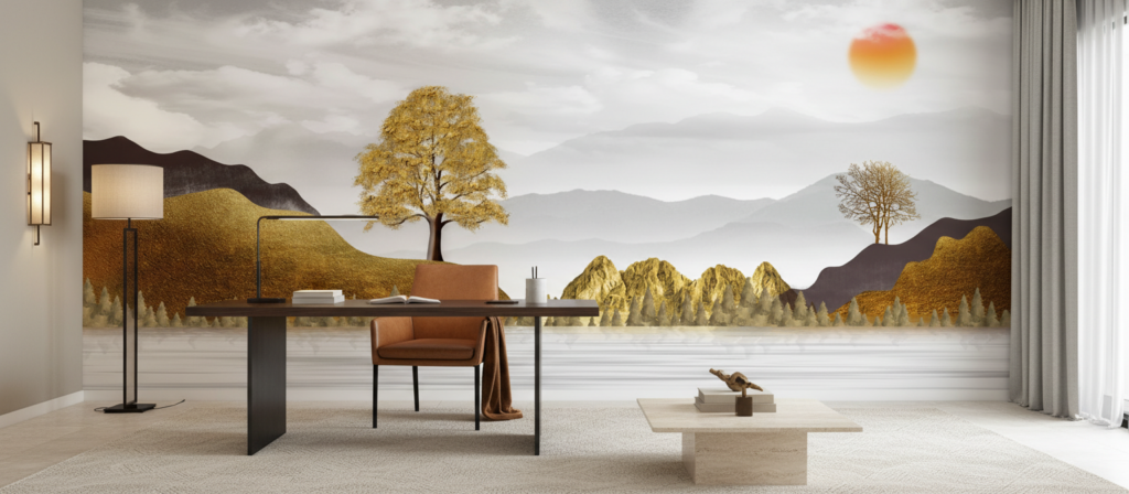 Papier Peint Paysage Montagneux Automnal avec Arbres Dorés et Soleil - Bureau