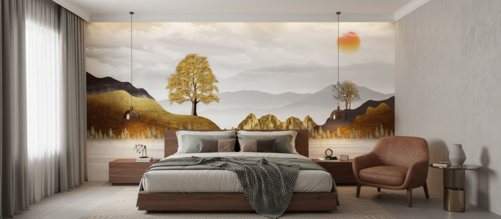 Papier Peint Paysage Montagneux Automnal avec Arbres Dorés et Soleil - Chambre adulte