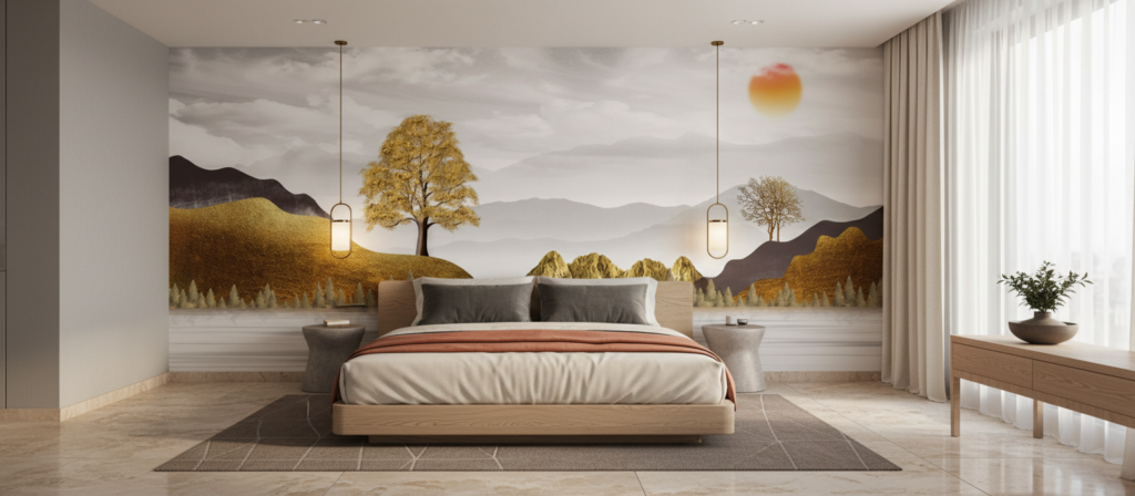 Papier Peint Paysage Montagneux Automnal avec Arbres Dorés et Soleil - Hôtel