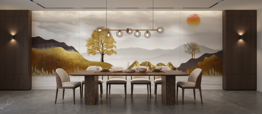 Papier Peint Paysage Montagneux Automnal avec Arbres Dorés et Soleil - Salle à manger