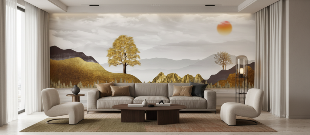 Papier Peint Paysage Montagneux Automnal avec Arbres Dorés et Soleil - Salon / Séjour