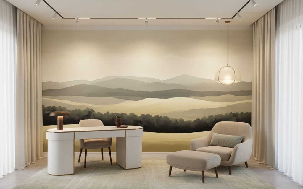 Papier Peint Paysage Montagneux aux Tons Beiges et Verts Naturels - Bureau