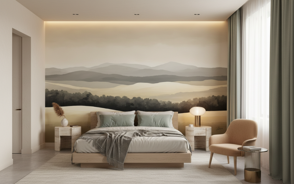 Papier Peint Paysage Montagneux aux Tons Beiges et Verts Naturels - Hôtel