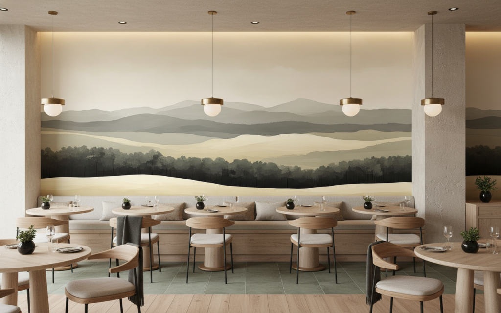 Papier Peint Paysage Montagneux aux Tons Beiges et Verts Naturels - Restaurant