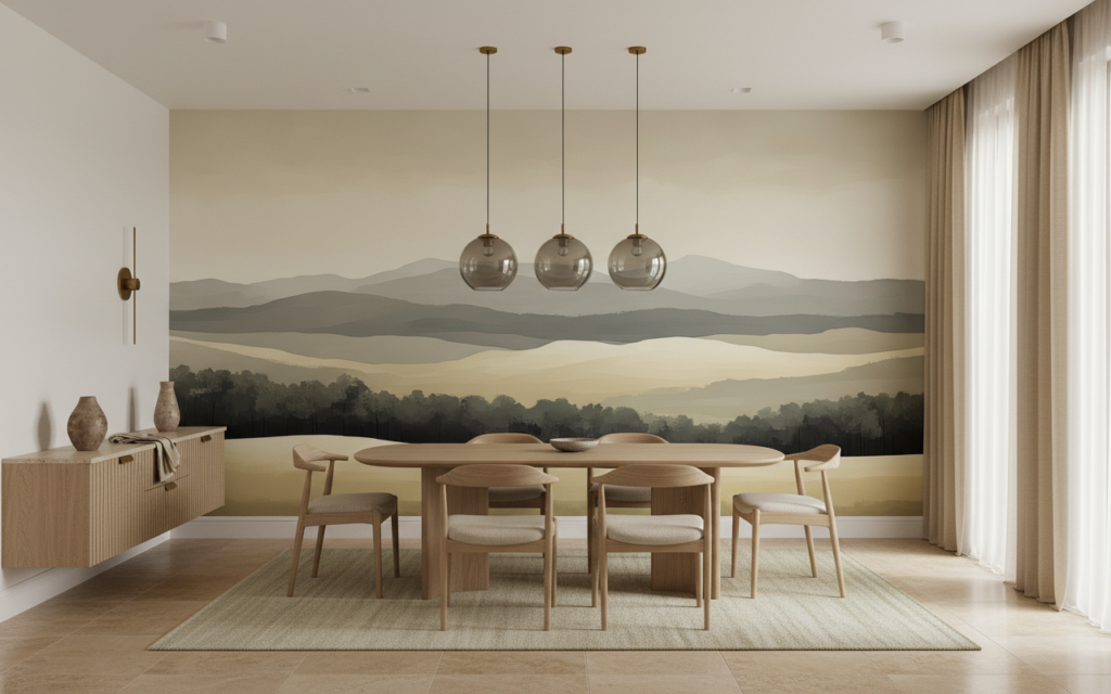 Papier Peint Paysage Montagneux aux Tons Beiges et Verts Naturels - Salle à manger