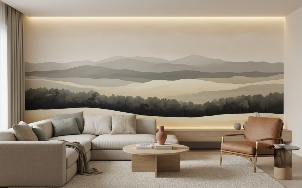 Papier Peint Paysage Montagneux aux Tons Beiges et Verts Naturels - Salon / Séjour