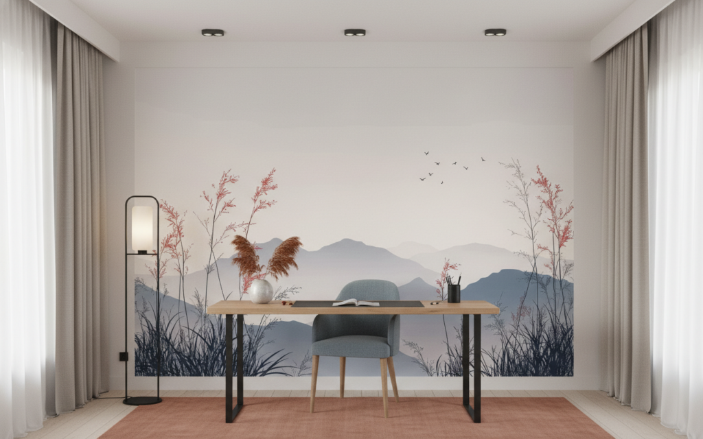 Papier Peint Paysage Montagneux avec Herbes Sauvages et Oiseaux Zen - Bureau