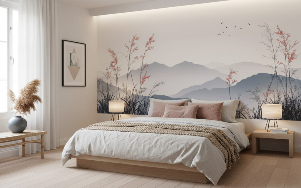 Papier Peint Paysage Montagneux avec Herbes Sauvages et Oiseaux Zen - Chambre adulte