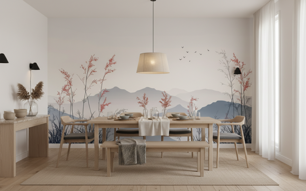 Papier Peint Paysage Montagneux avec Herbes Sauvages et Oiseaux Zen - Salle à manger