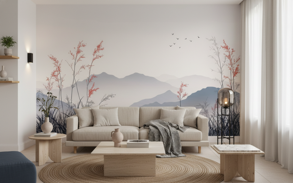 Papier Peint Paysage Montagneux avec Herbes Sauvages et Oiseaux Zen - Salon / Séjour