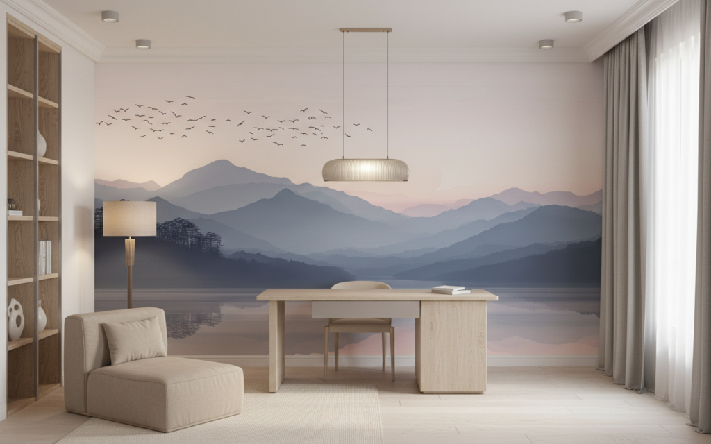 Papier peint paysage montagneux avec lac et oiseaux migrateurs - Bureau