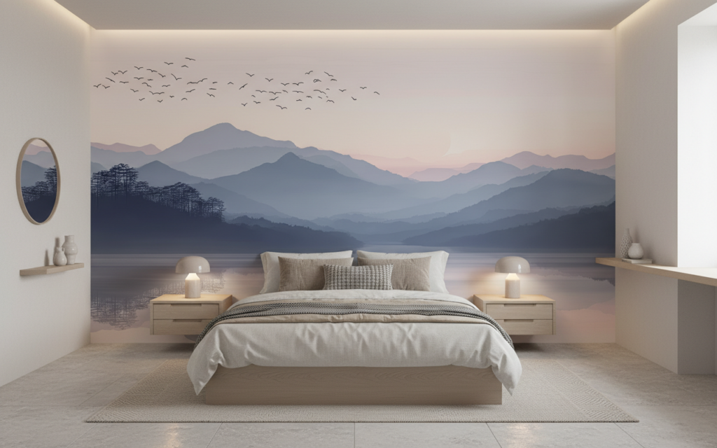 Papier peint paysage montagneux avec lac et oiseaux migrateurs - Chambre adulte