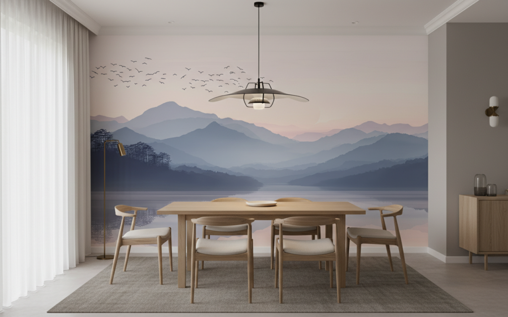 Papier peint paysage montagneux avec lac et oiseaux migrateurs - Salle à manger