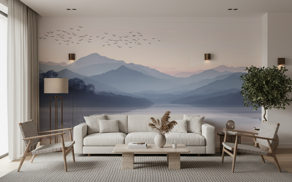 Papier peint paysage montagneux avec lac et oiseaux migrateurs - Salon / Séjour