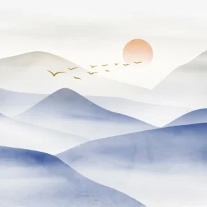Papier peint paysage montagneux brumeux coucher de soleil oiseaux migrateurs