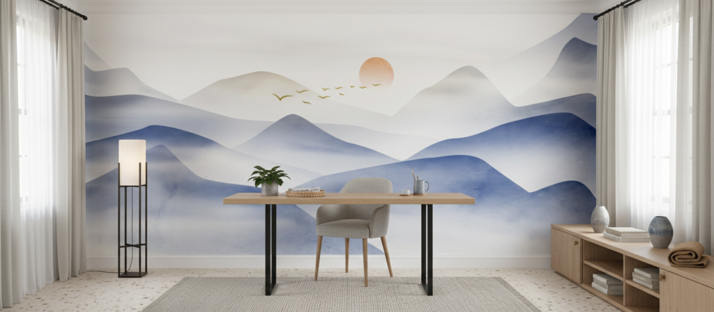 Papier peint paysage montagneux brumeux coucher de soleil oiseaux migrateurs - Bureau